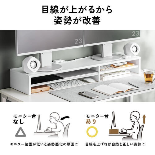 モニター台（2段式・幅100cm・机上台・モニター下収納・2段収納・木製・ホワイト）