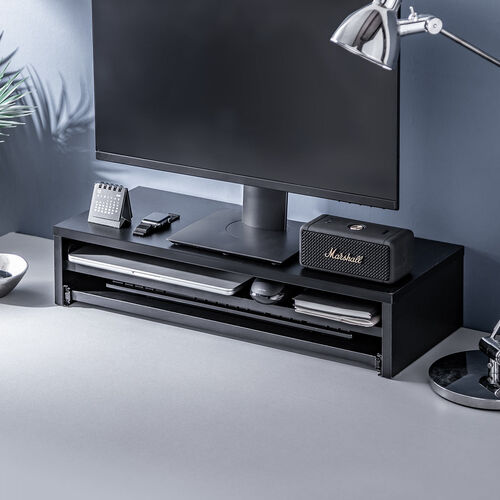 モニター台（2段式・幅60cm・キーボードスライダー付き・机上台・モニター下収納・2段収納・木製・ブラック）