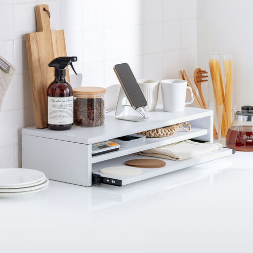 モニター台（2段式・幅60cm・キーボードスライダー付き・机上台・モニター下収納・2段収納・木製・ホワイト）