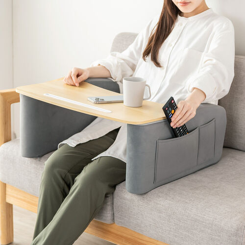 膝上テーブル（折りたたみローテーブル・高さ調整・タブレットスタンド付き・サイドポケット付き・ソファ・ベッド・デスク・ノートPC作業用・軽量・薄い木目×グレー）