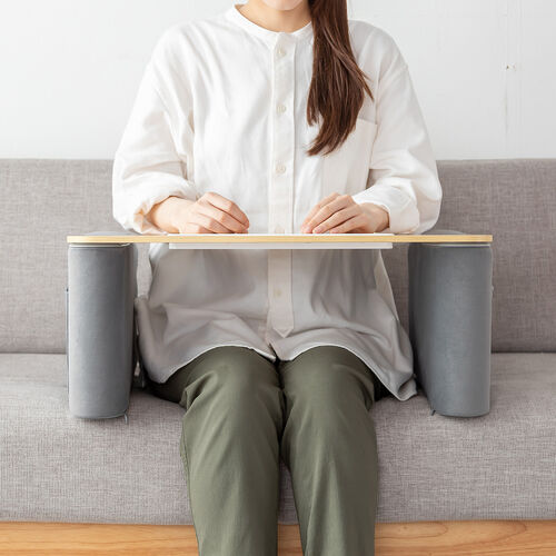 膝上テーブル（折りたたみローテーブル・高さ調整・タブレットスタンド付き・サイドポケット付き・ソファ・ベッド・デスク・ノートPC作業用・軽量・薄い木目×グレー）