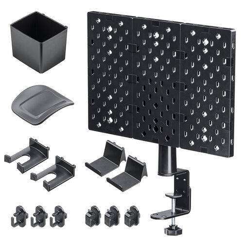 クランプ式 有孔ボード（カスタム・パンチングボード・回転・パネル3枚・6種類パーツ・デスク下・レイアウト自由・デスクパネル・幅38.4cm・ブラック）