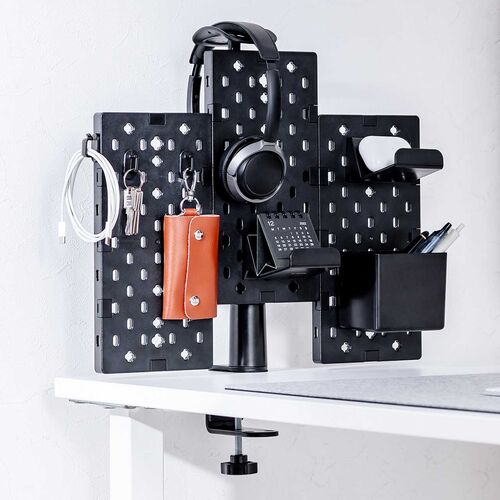 クランプ式 有孔ボード（カスタム・パンチングボード・回転・パネル3枚・6種類パーツ・デスク下・レイアウト自由・デスクパネル・幅38.4cm・ブラック）