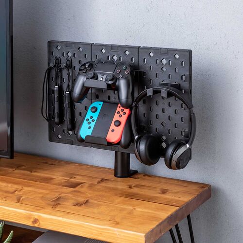 クランプ式 有孔ボード（カスタム・パンチングボード・回転・パネル3枚・6種類パーツ・デスク下・レイアウト自由・デスクパネル・幅38.4cm・ブラック）