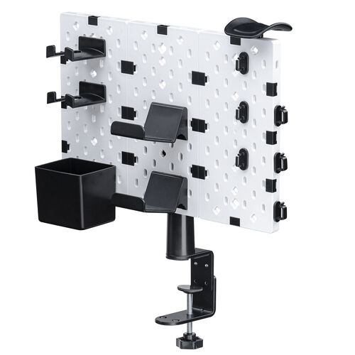 クランプ式 有孔ボード（カスタム・パンチングボード・回転・パネル3枚・6種類パーツ・デスク下・レイアウト自由・デスクパネル・幅38.4cm・ホワイト）