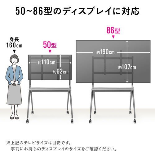 大型テレビスタンド（高耐荷重スタンド・86インチ対応・電子黒板・ディスプレイ耐荷重120kg・中棚・大型キャスター付き）