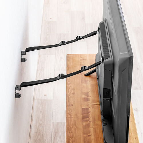 テレビ転倒防止ベルト（2本ベルト・VESA取付・クランプ上下固定対応・穴あけ不要・壁固定対応・ブラック）