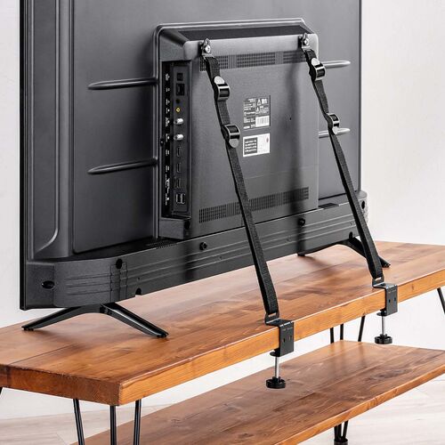 テレビ転倒防止ベルト（2本ベルト・VESA取付・クランプ上下固定対応・穴あけ不要・壁固定対応・ブラック）