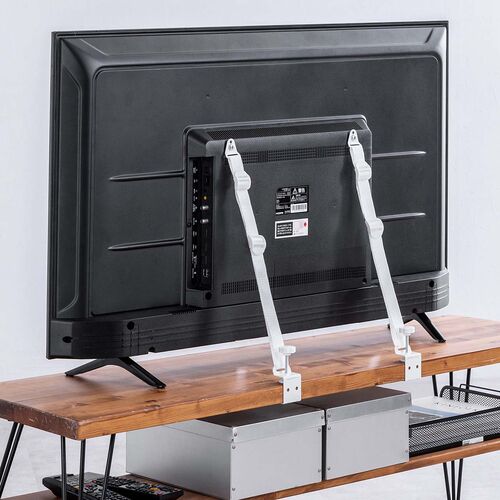 テレビ転倒防止ベルト（2本ベルト・VESA取付・クランプ上下固定対応・穴あけ不要・壁固定対応・ホワイト）