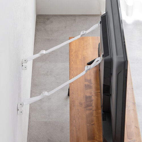 テレビ転倒防止ベルト（2本ベルト・VESA取付・クランプ上下固定対応・穴あけ不要・壁固定対応・ホワイト）