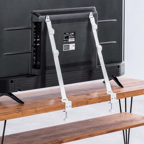 テレビ転倒防止ベルト（2本ベルト・VESA取付・クランプ上下固定対応・穴あけ不要・壁固定対応・ホワイト）