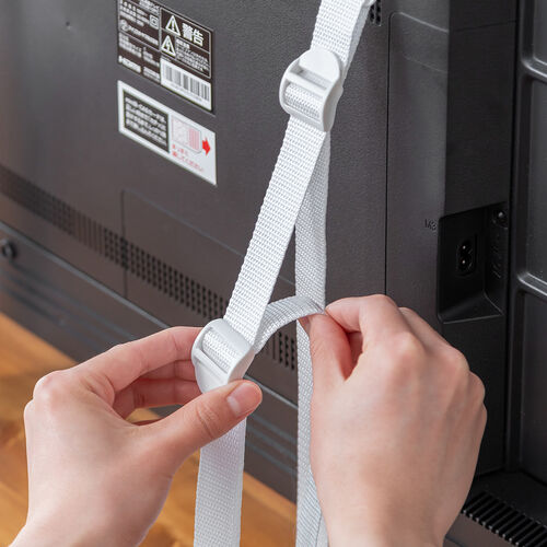 テレビ転倒防止ベルト（2本ベルト・VESA取付・クランプ上下固定対応・穴あけ不要・壁固定対応・ホワイト）