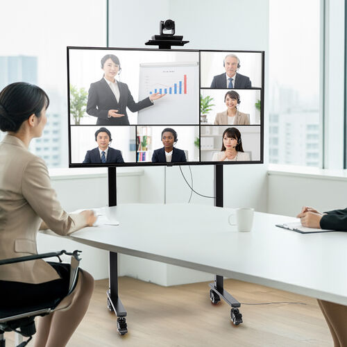 電動昇降ディスプレイスタンド（37～86インチ対応・カメラ台付き・キャスター付き・高耐荷重70kg・静音設計）