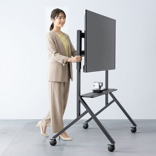 テレビスタンド（キャスター付・65インチ・86インチ対応・手動昇降・大型モニター・会議室・収納棚付・ディスプレイスタンド）
