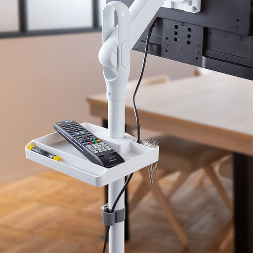 小物トレー（支柱取付け・丸パイプ・支柱径25～40mm・モニターアーム・三脚・ツールワゴン・台車・テレビスタンド・リモコン・モバイルバッテリー・収納・小物入れ・簡単取り付け・ホワイト）