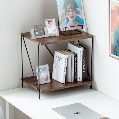 オープンラック（ワイヤーラック・2段・簡単組み立て・ネジなし・工具不要・ダークブラウン・木目調・幅42×奥行き31×高さ38.7cm）