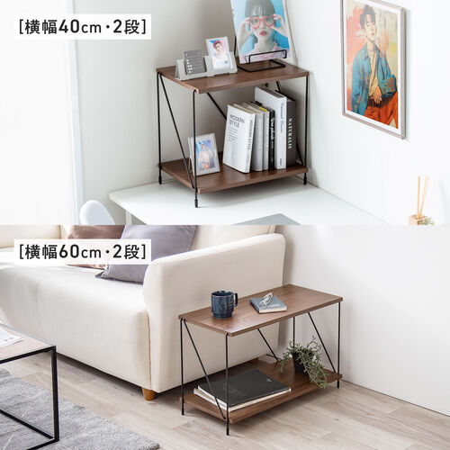 オープンラック（ワイヤーラック・2段・簡単組み立て・ネジなし・工具不要・ダークブラウン・木目調・幅42×奥行き31×高さ38.7cm）