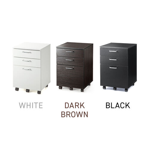 サイドワゴン（デスクワゴン・木製・キャスター付・3段・A4ファイル・チェスト・キャビネット・ブラック）