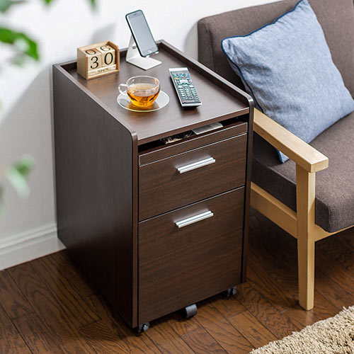 木製デスクワゴン（引き出し2段・スライドトレイ・天板収納・木製・チェスト・キャビネット・キャスター付き）
