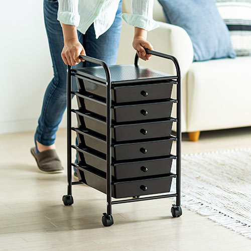 デスクワゴン（キャスター付・キャビネット・サイドワゴン・樹脂トレー・6段・収納・整理・ブラック）