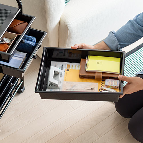 デスクワゴン（キャスター付・キャビネット・サイドワゴン・樹脂トレー・6段・収納・整理・ブラック）