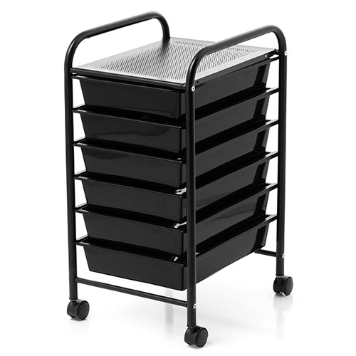 デスクワゴン（キャスター付・キャビネット・サイドワゴン・樹脂トレー・6段・収納・整理・ブラック）