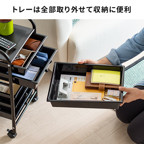 デスクワゴン（キャスター付・キャビネット・サイドワゴン・樹脂トレー・6段・収納・整理・ブラック）