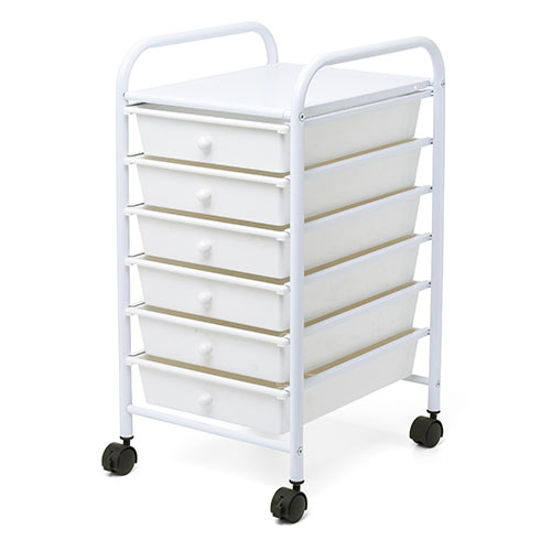 デスクワゴン（キャスター付・キャビネット・サイドワゴン・樹脂トレー・6段・収納・整理・ホワイト）