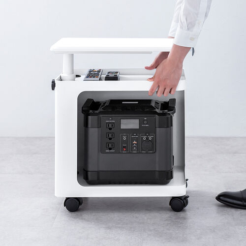 昇降式デスクキャビネット（オープンキャビネット・デスクワゴン・ポータブル電源収納台・プロジェクター台・サイドデスク・デスク下収納・ソファーサイドテーブル・キャスター付き・ホワイト）