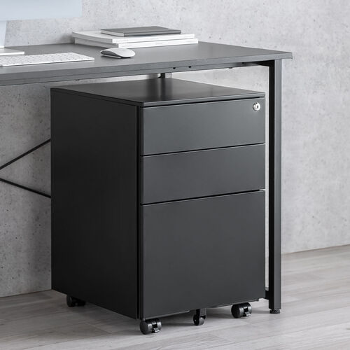 デスクワゴン（キャビネット・3段・幅39cm・奥行き45cm・高さ60cm・鍵付き・一括ロック・スチール・ブラック）