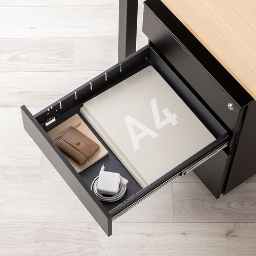 デスクワゴン（キャビネット・3段・幅39cm・奥行き45cm・高さ60cm・鍵付き・一括ロック・スチール・ブラック）