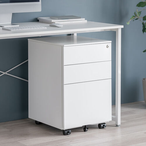 デスクワゴン（キャビネット・3段・幅39cm・奥行き45cm・高さ60cm・鍵付き・一括ロック・スチール・ホワイト）
