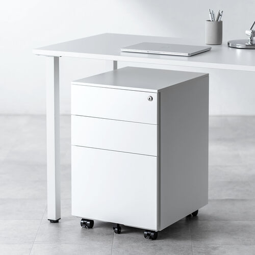 デスクワゴン（キャビネット・3段・幅39cm・奥行き45cm・高さ60cm・鍵付き・一括ロック・スチール・ホワイト）