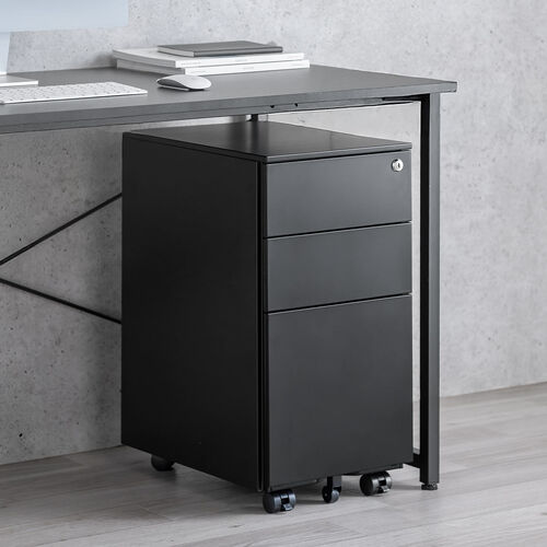 デスクワゴン（キャビネット・3段・幅30cm・奥行き45cm・高さ60cm・鍵付き・一括ロック・スチール・ブラック）