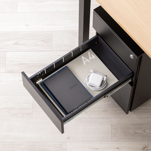 デスクワゴン（キャビネット・3段・幅30cm・奥行き45cm・高さ60cm・鍵付き・一括ロック・スチール・ブラック）