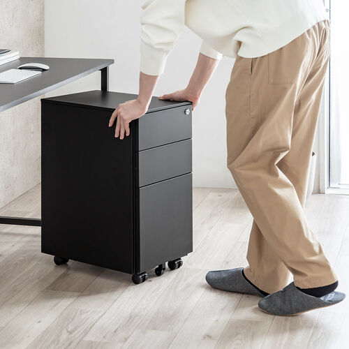 デスクワゴン（キャビネット・3段・幅30cm・奥行き45cm・高さ60cm・鍵付き・一括ロック・スチール・ブラック）