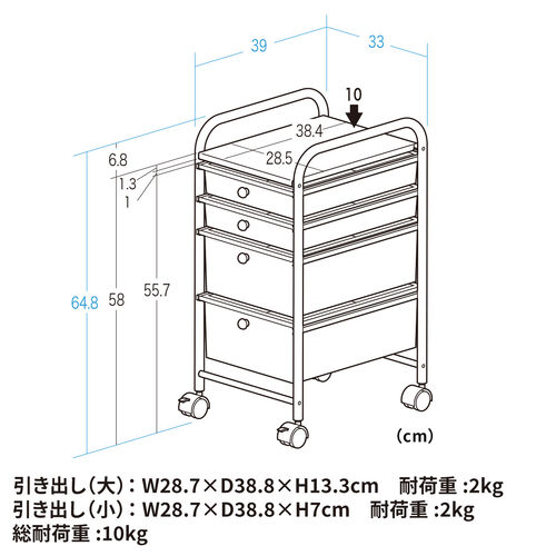 デスクワゴン（樹脂トレー・4段・キャビネット・キャスター付き・サイドワゴン・A4サイズ対応・ブラック）