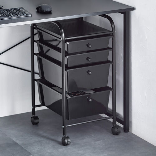 デスクワゴン（樹脂トレー・4段・キャビネット・キャスター付き・サイドワゴン・A4サイズ対応・ブラック）