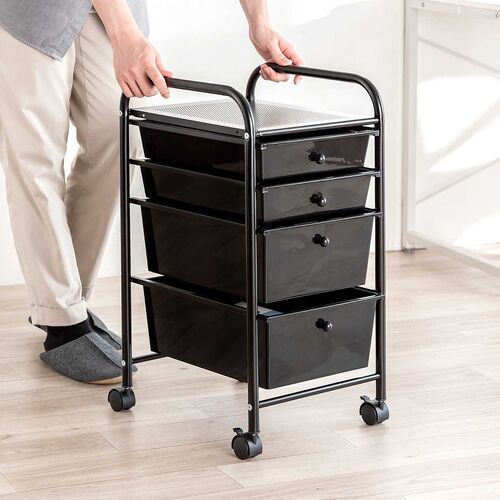 デスクワゴン（樹脂トレー・4段・キャビネット・キャスター付き・サイドワゴン・A4サイズ対応・ブラック）