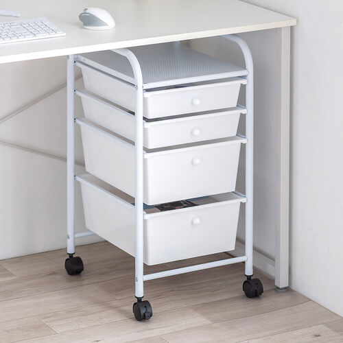 デスクワゴン（樹脂トレー・4段・キャビネット・キャスター付き・サイドワゴン・A4サイズ対応・ホワイト）
