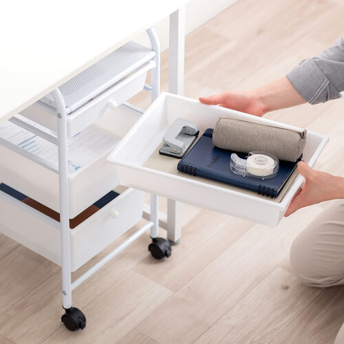 デスクワゴン（樹脂トレー・4段・キャビネット・キャスター付き・サイドワゴン・A4サイズ対応・ホワイト）