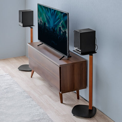 スピーカースタンド（天然木デザイン・耐荷重10kg・高さ78cm・スパイク型アジャスター付き・ペア・2本セット・金属製・フロアスタンド・ブラック＆木目）