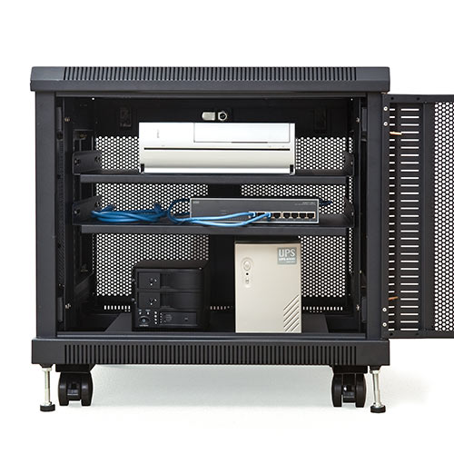 機器収納ボックス（HUB・データセンター・ルーター・NAS・鍵・扉・メッシュ・セキュリティ・キャスター・アジャスター・棚）100-SV012