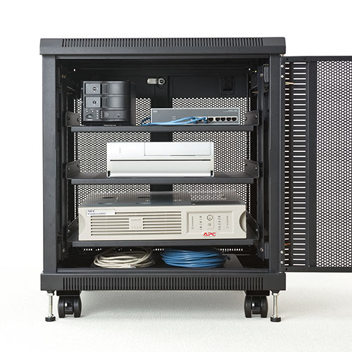 機器収納ボックス（HUB・データセンター・ルーター・NAS・鍵・扉・メッシュ・セキュリティ・キャスター・アジャスター・棚）100-SV013