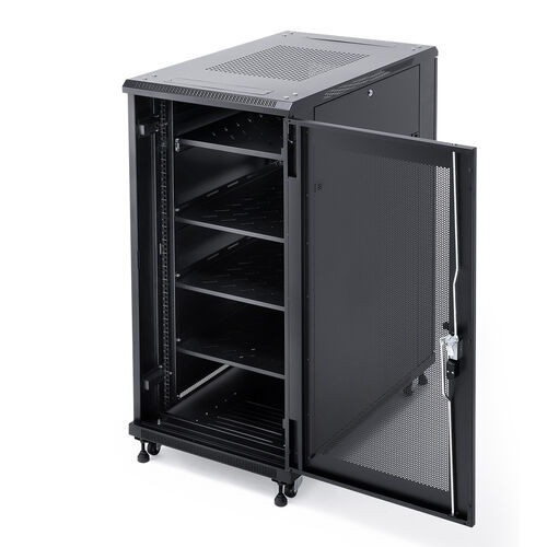 サーバーラック（19インチ・データセンター・中型・24U・奥行100cm・メッシュパネル・棚板×3枚・スライド棚×1枚付き）