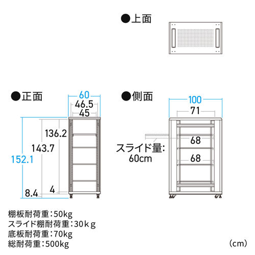 サーバーラック（19インチ・データセンター・中型・30U・奥行100cm・メッシュパネル・棚板×3枚・スライド棚×1枚付き）