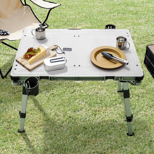 キャリーカート ＆ アウトドア テーブル（耐荷重100kg・折りたたみ・2WAY・多機能・高さ調整・4輪・ハンドル付き・ベージュ）