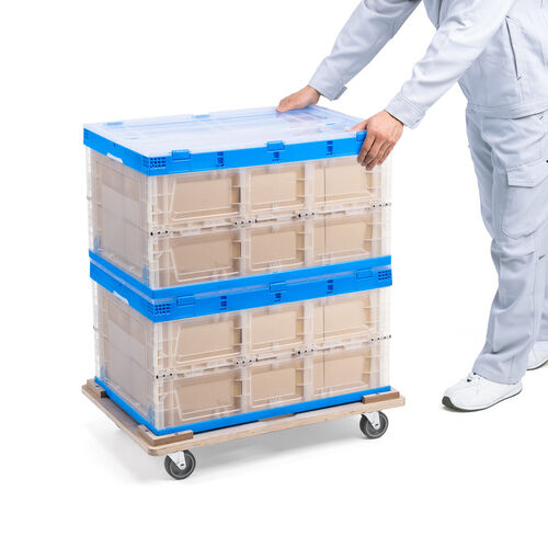 木製ドーリー（平台車・耐荷重200kg・75Lコンテナ対応・積み重ね可能・取っ手・キャスター付・木枠・取り外し可能・オリコン・倉庫・Lサイズ）