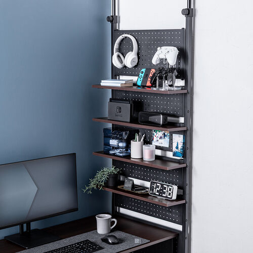 突っ張り棚（突っ張りラック・幅60cm・有孔ボード・シェルフ・棚・4段・壁面収納・ウォールシェルフ・間仕切り・キッチン・玄関・パントリー・スリム・工事不要・ブラック）