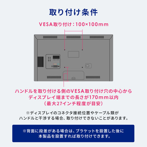モニターアームハンドル（後付けハンドル・VESA取り付け・持ち手・VESA100×100・27インチ程度対応）